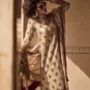 Fawn Silk Ensemble featuring a raw silk shirt with zardozi work, crushed dhaka pajama, and kattan dupatta.
