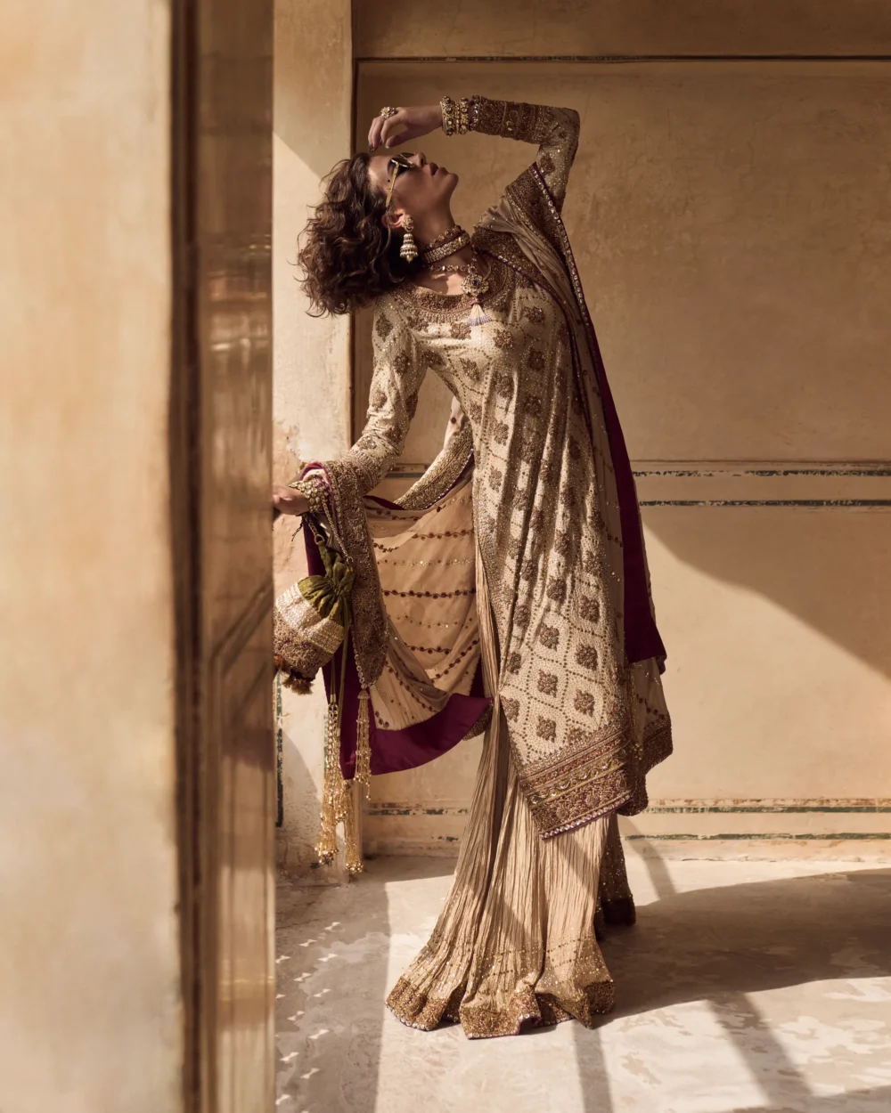 Fawn Silk Ensemble featuring a raw silk shirt with zardozi work, crushed dhaka pajama, and kattan dupatta.