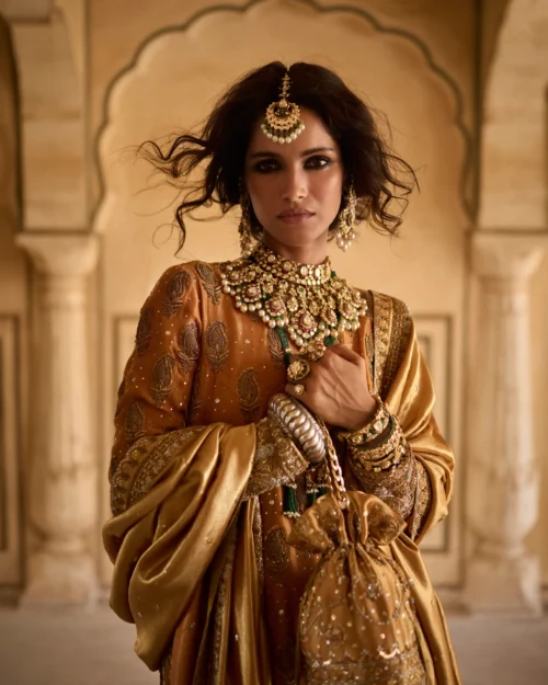 Mustard & Olive Ensemble featuring a pure mysori net shirt with zardozi work, olive green jamavar dhaka pajama, and mustard lamè tissue dupatta.