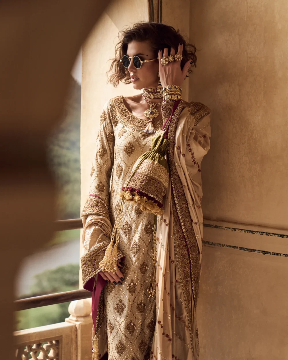 Fawn Silk Ensemble featuring a raw silk shirt with zardozi work, crushed dhaka pajama, and kattan dupatta.