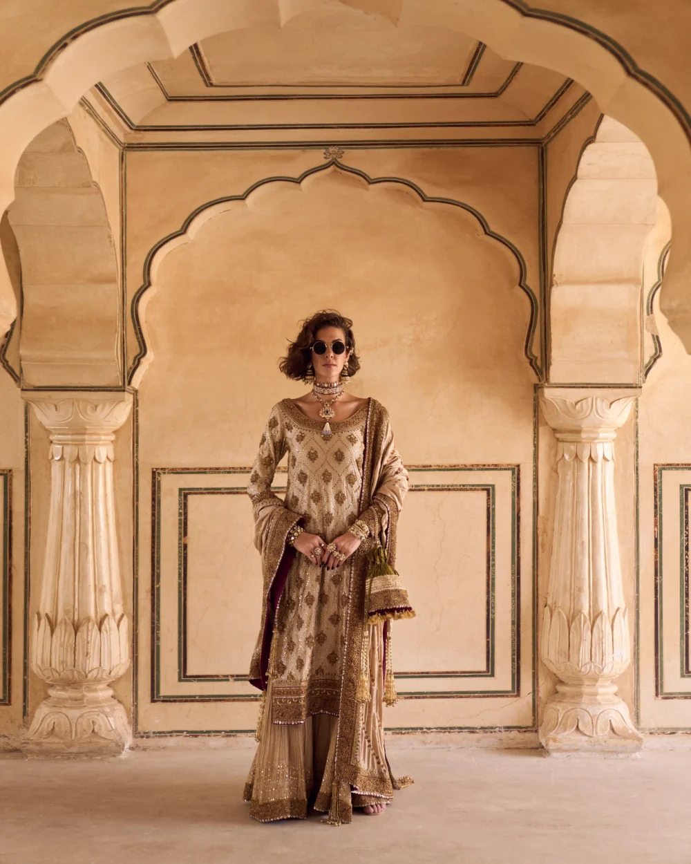 Fawn Silk Ensemble featuring a raw silk shirt with zardozi work, crushed dhaka pajama, and kattan dupatta.