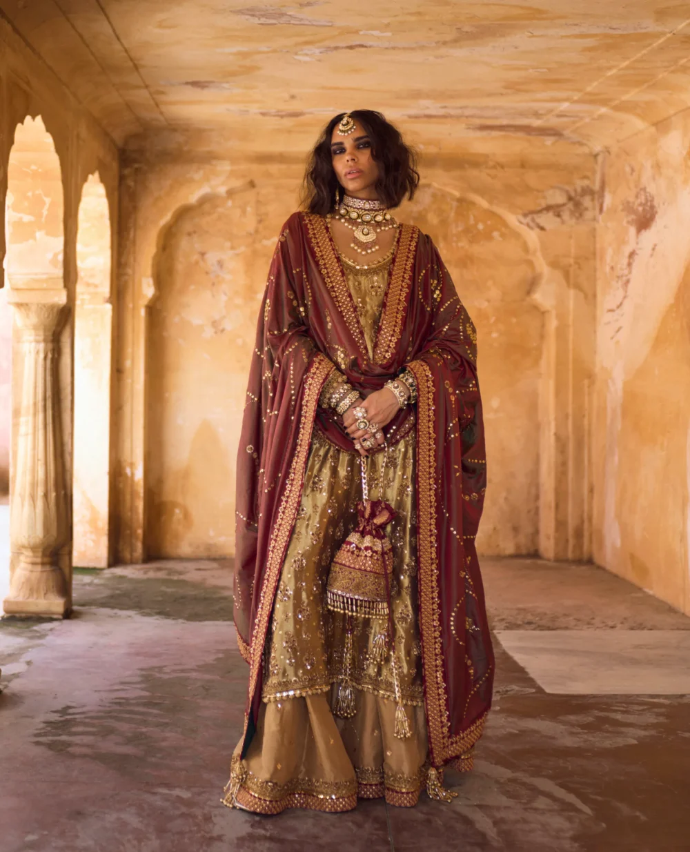 Gold Lamè Tissue Shirt with zardozi, nakshi, dabka and kaamdani work.