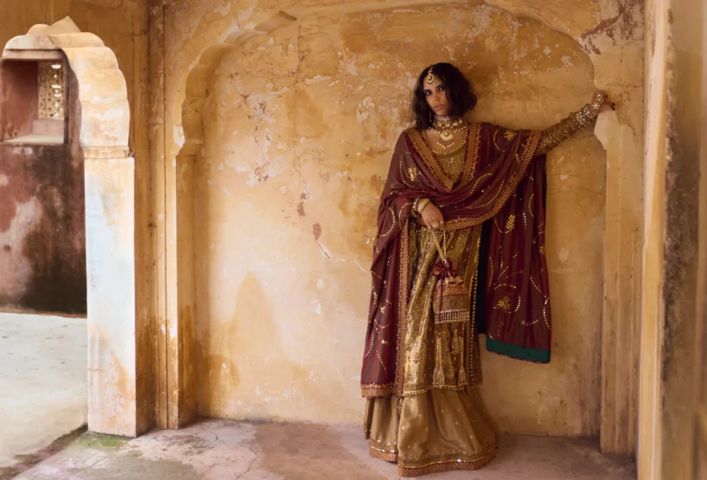 Gold Lamè Tissue Shirt with zardozi, nakshi, dabka and kaamdani work.