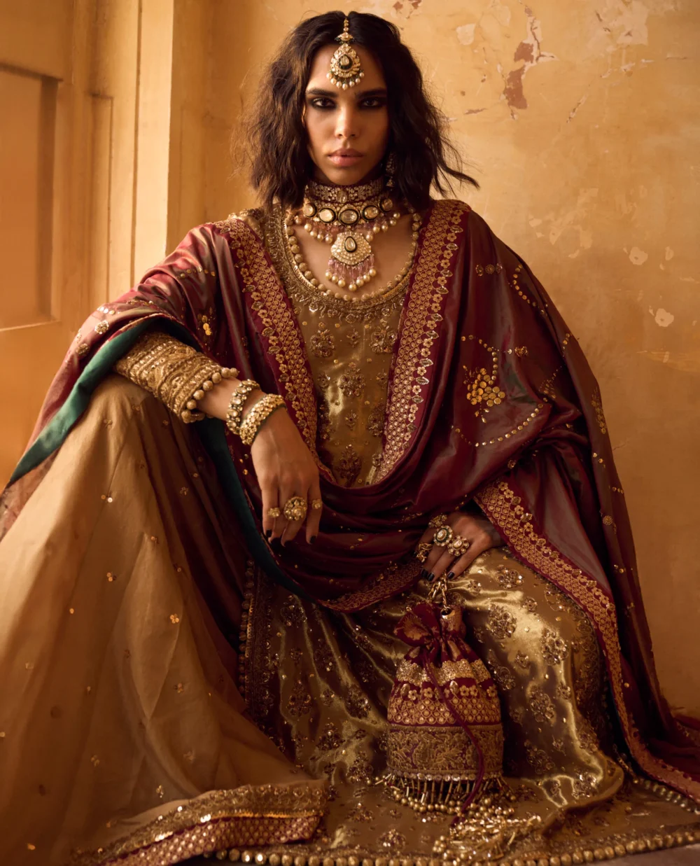 Gold Lamè Tissue Shirt with zardozi, nakshi, dabka and kaamdani work.