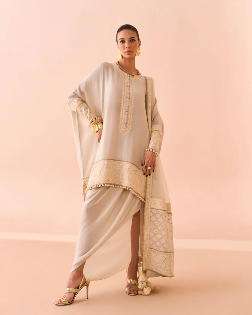Ivory Elegance pure maple silk shirt with natural fiber viscose satin sarong and dupatta.