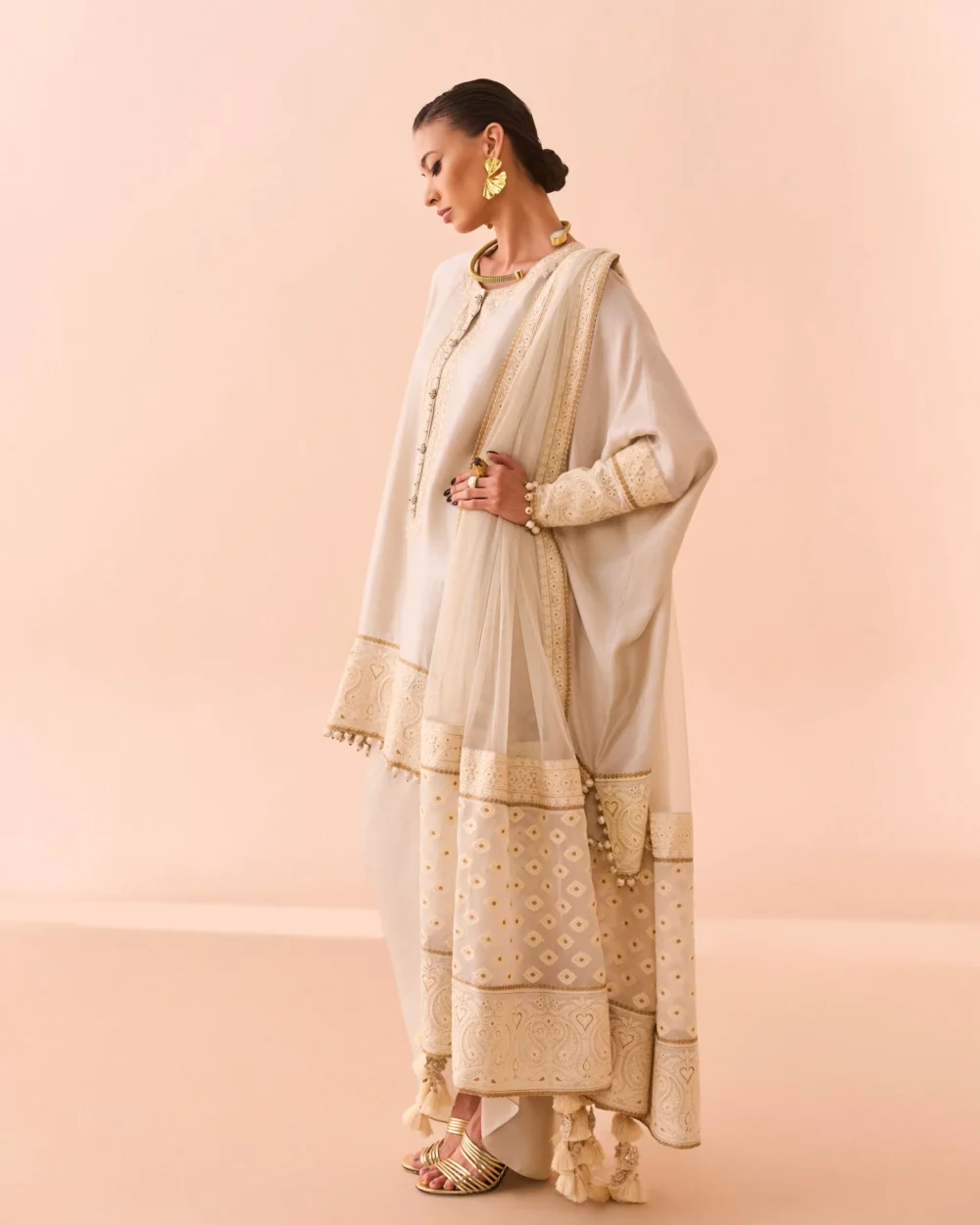 Ivory Elegance pure maple silk shirt with natural fiber viscose satin sarong and dupatta.