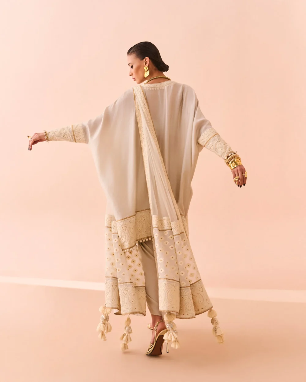 Ivory Elegance pure maple silk shirt with natural fiber viscose satin sarong and dupatta.