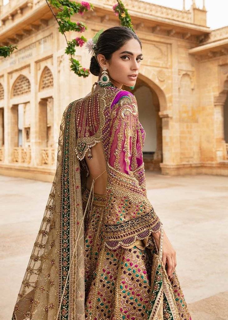 Gold Lehenga Choli – with Fuchsia & Green Embroidery