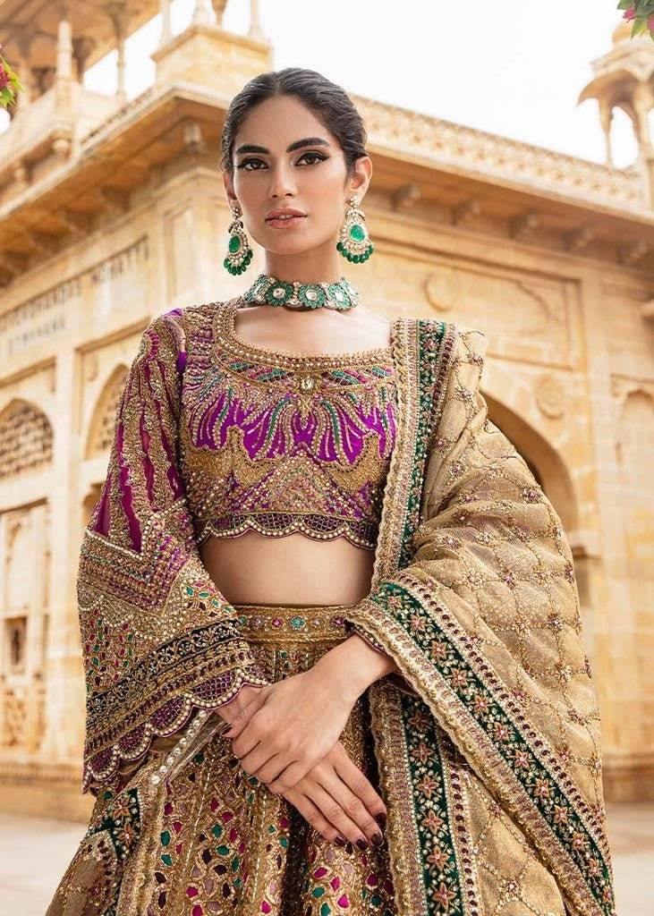 Gold Lehenga Choli – with Fuchsia & Green Embroidery