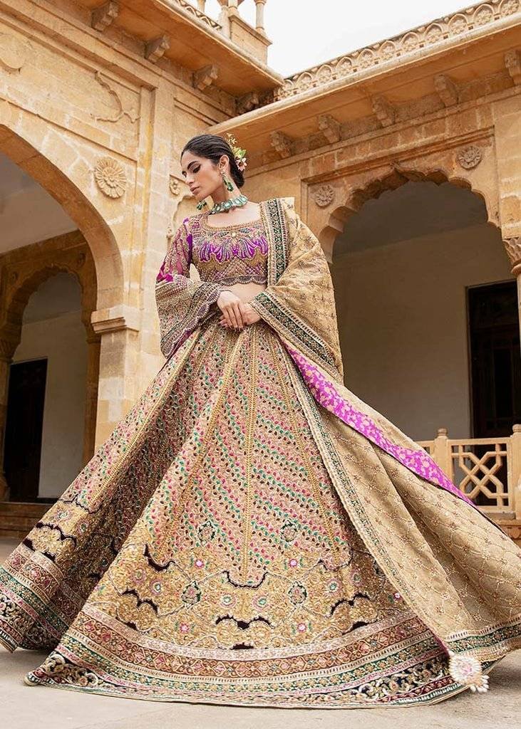 Gold Lehenga Choli – with Fuchsia & Green Embroidery