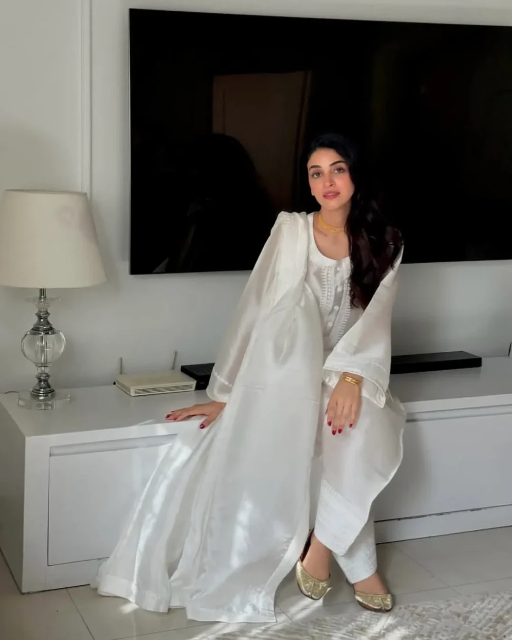 White Pearl Butter Silk Short Shirt with Dori Work