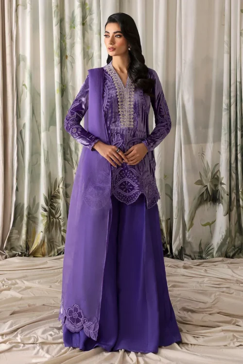 Embroidered velvet lilac dress full set with accessories Embroidered velvet lilac dress full set with accessories