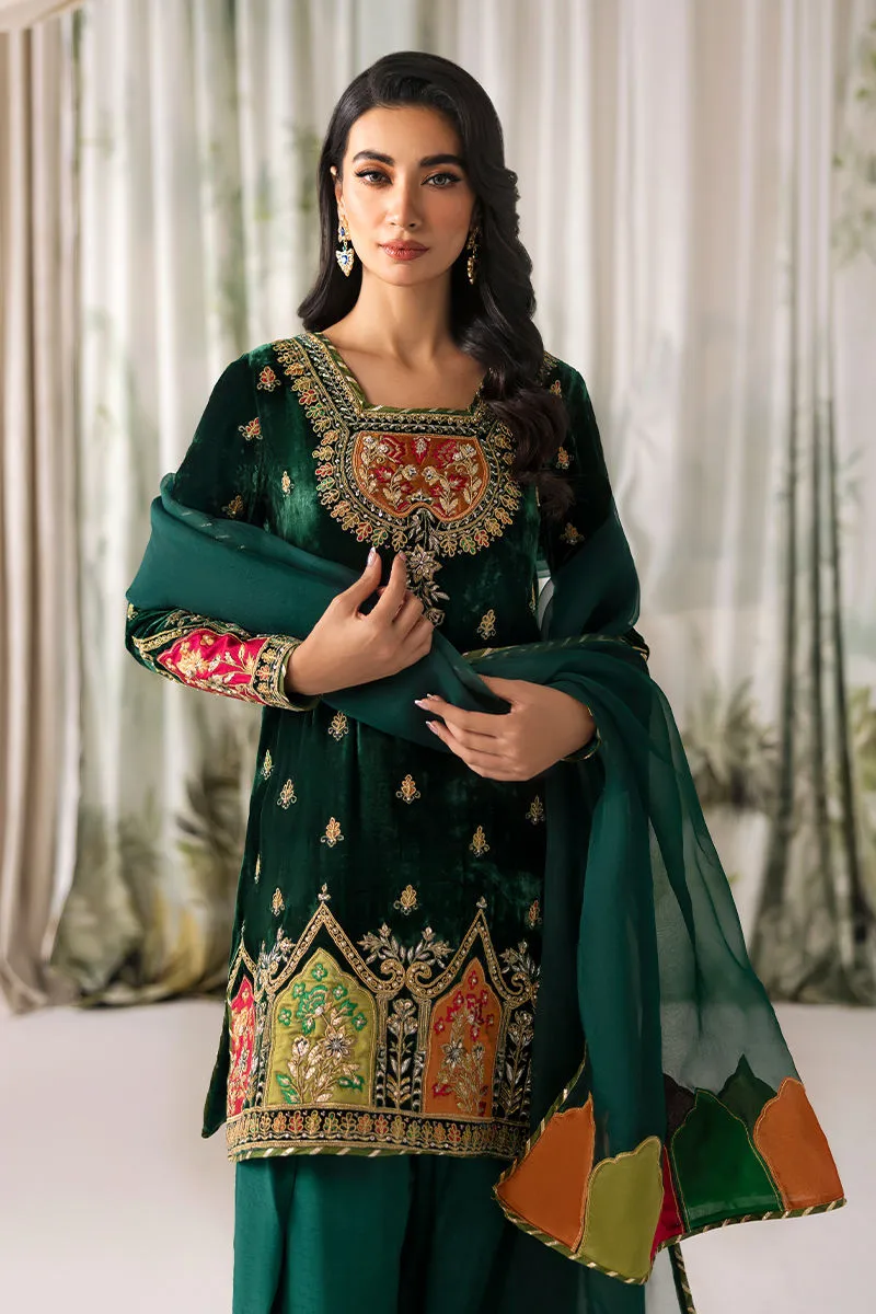 Velvet dress closeup showing intricate applique work