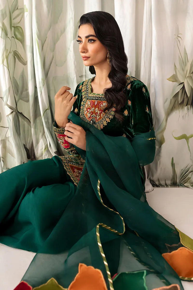 Velvet dress closeup showing intricate applique work