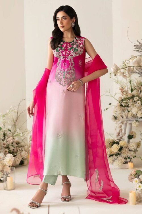 Traditional gradient dress 2025 with sheer pink dupatta Traditional gradient dress 2025 with sheer pink dupatta