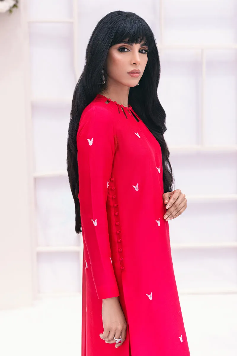 Dark Pink Kurta neckline cutouts and self-fabric buttons closeup