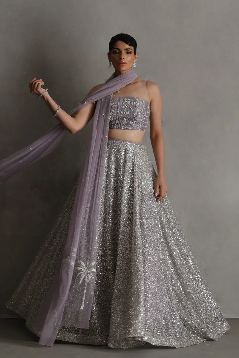 Net Dupatta with Resham Palm Tree Embroidery and Crystal Detail