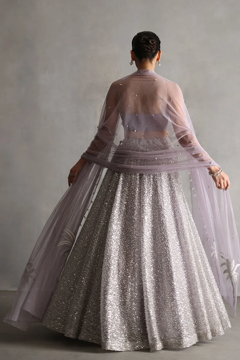 Net Dupatta with Resham Palm Tree Embroidery and Crystal Detail