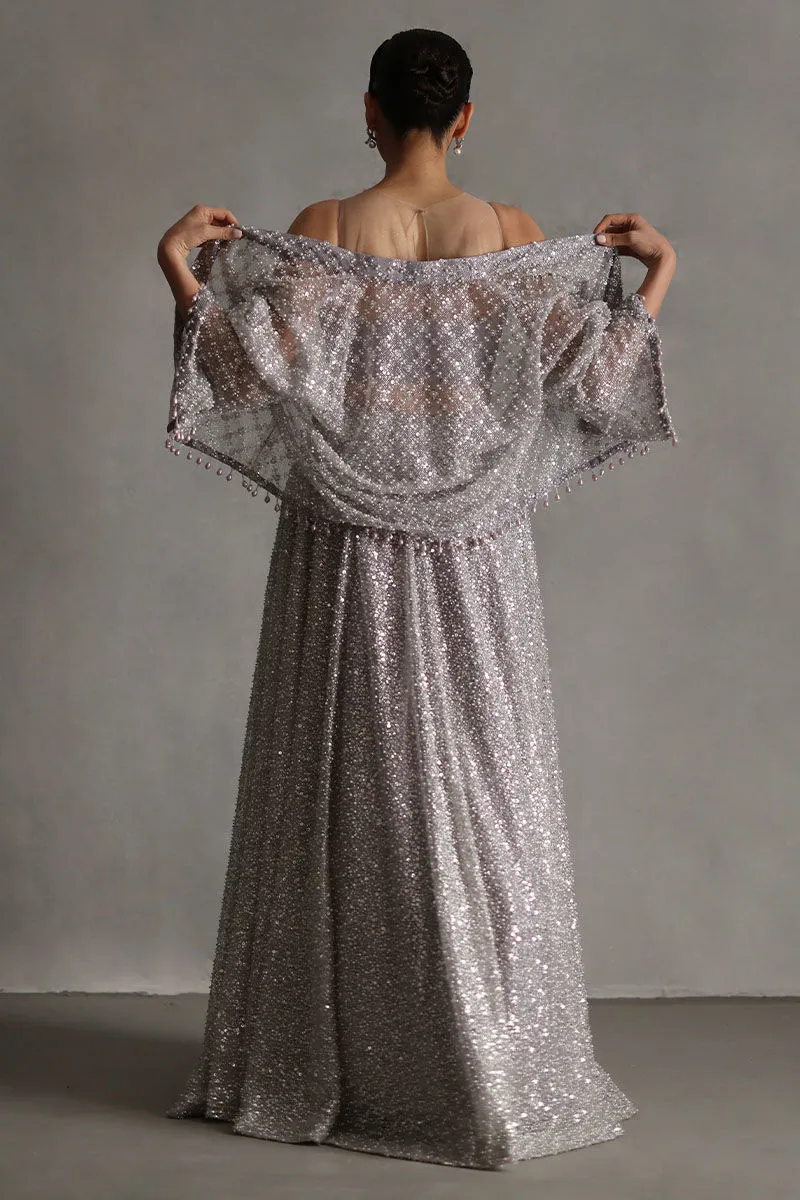 Net Dupatta with Resham Palm Tree Embroidery and Crystal Detail