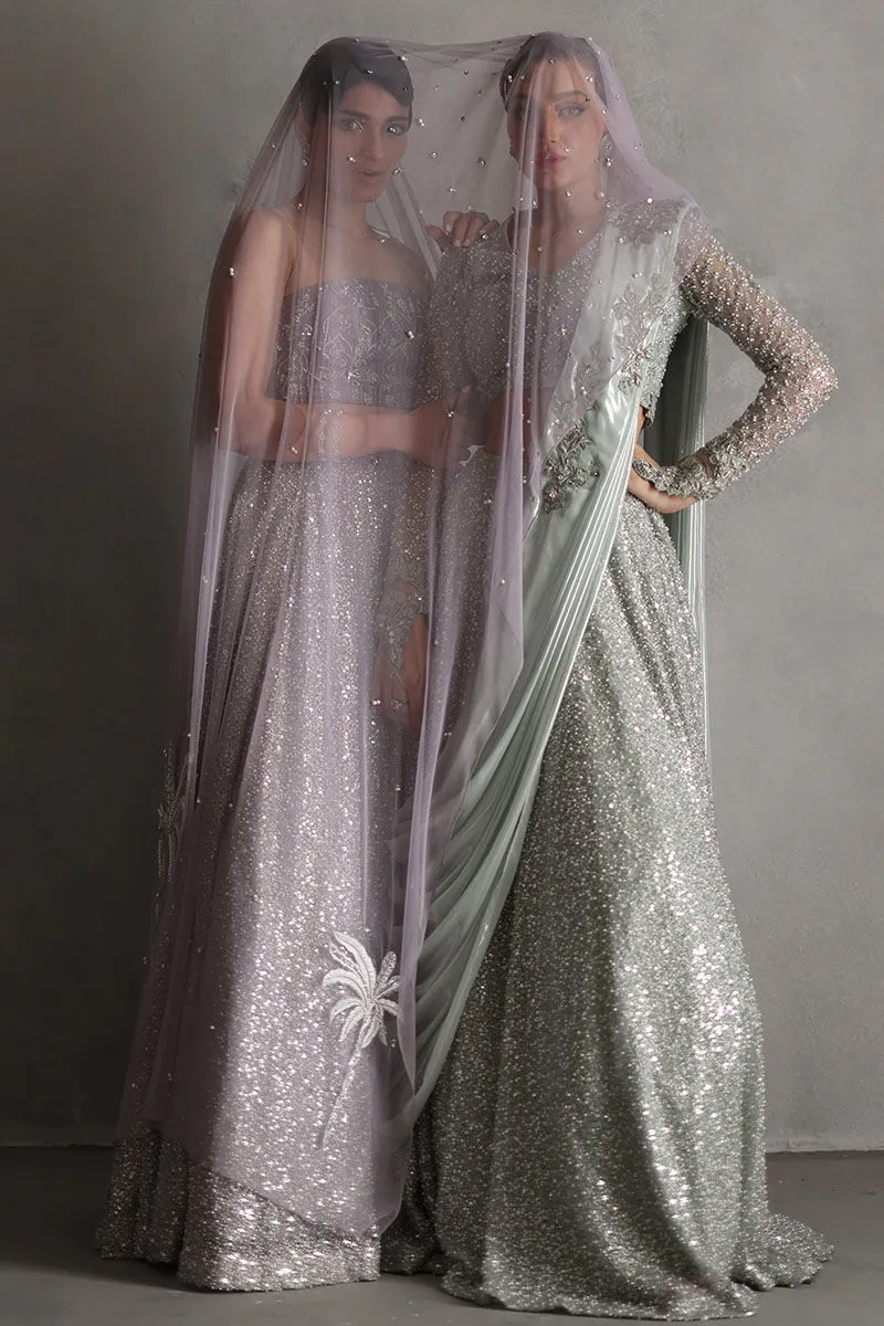 Net Dupatta with Resham Palm Tree Embroidery and Crystal Detail