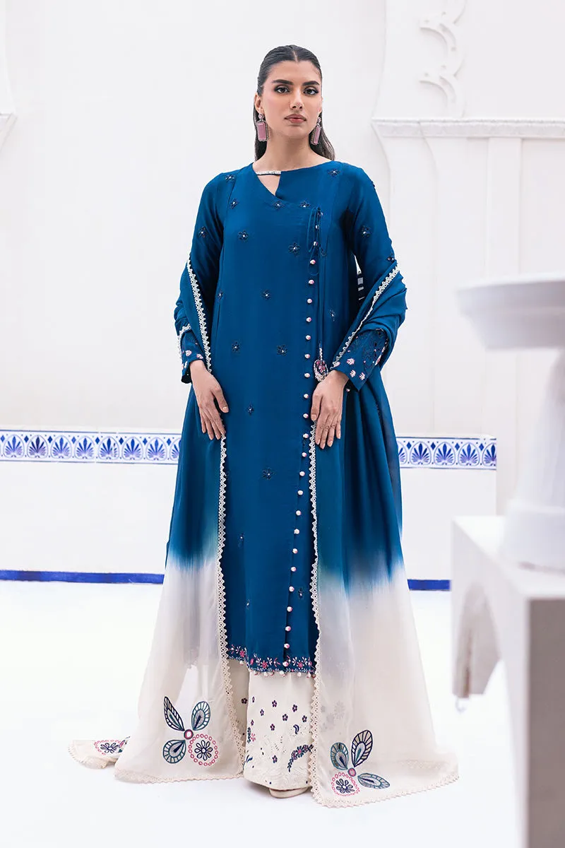 Teal and Ivory Dress with dip-dye silk dupatta in teal and ivory