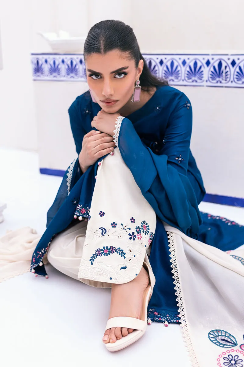 Teal and Ivory Dress with dip-dye silk dupatta in teal and ivory