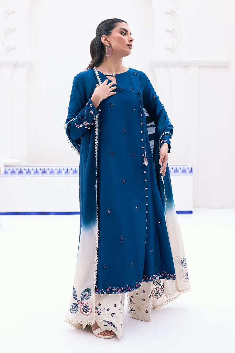 Teal and Ivory Dress with dip-dye silk dupatta in teal and ivory