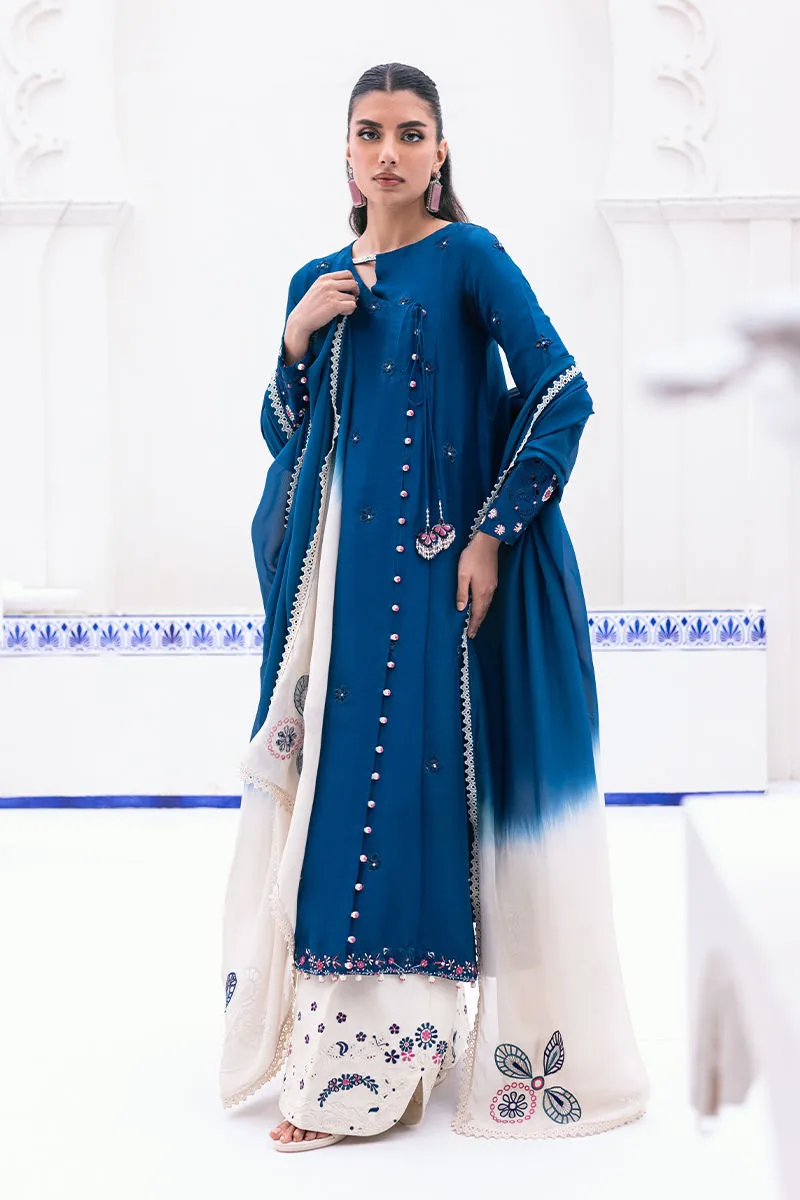 Teal and Ivory Dress with dip-dye silk dupatta in teal and ivory