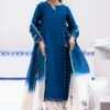 Teal and Ivory Dress with dip-dye silk dupatta in teal and ivory