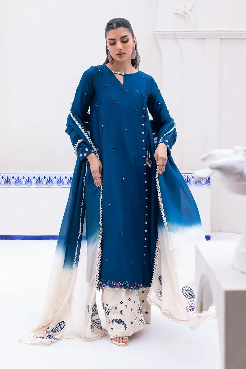 Teal and Ivory Dress with dip-dye silk dupatta in teal and ivory