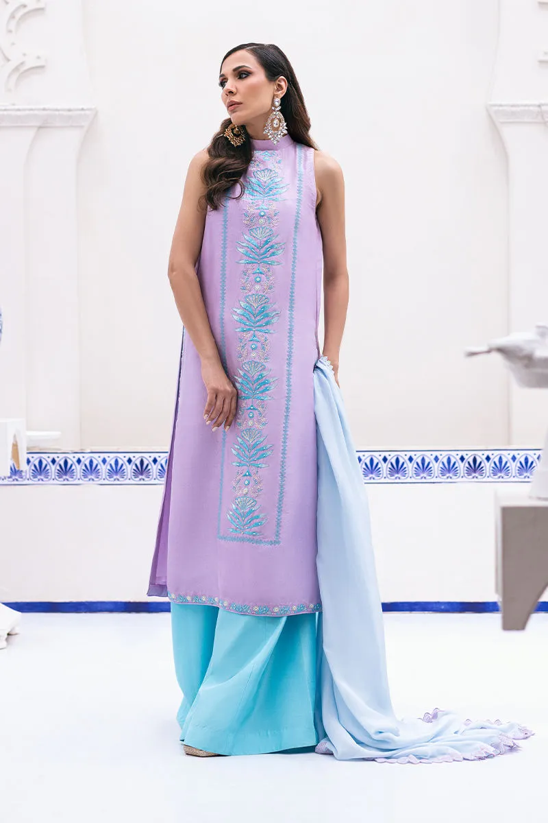 Turquoise Dress sleeveless A-line with lilac embroidery 2025