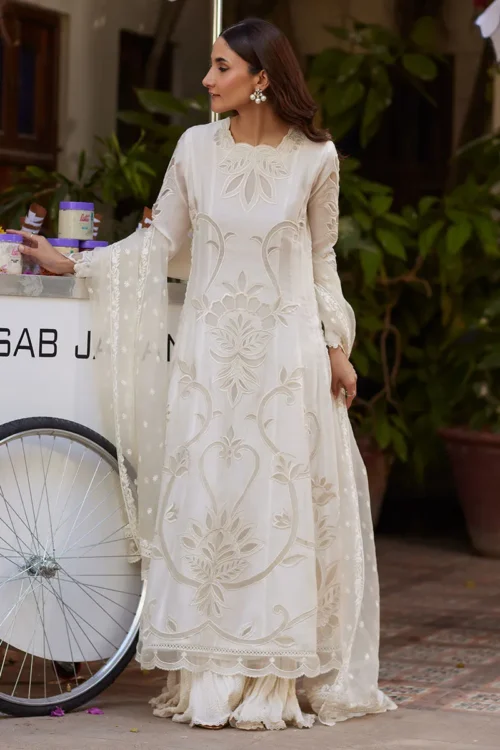 White Kalidaar outfit with embroidered organza dupatta White Kalidaar outfit with embroidered organza dupatta