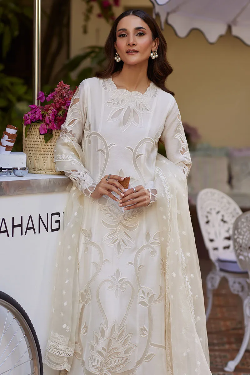 White Kalidaar outfit with embroidered organza dupatta