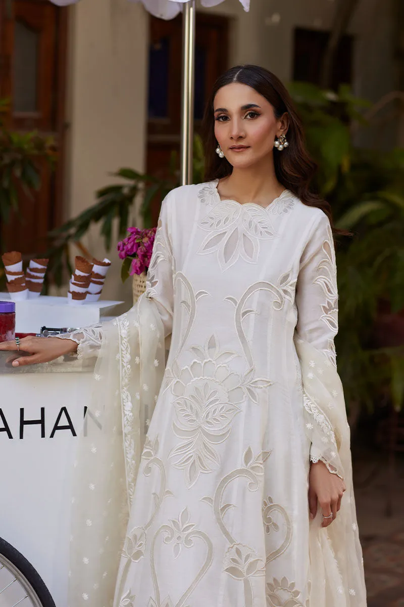 White Kalidaar outfit with embroidered organza dupatta
