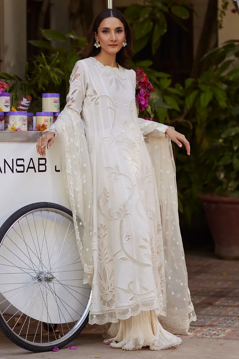 White Kalidaar outfit with embroidered organza dupatta