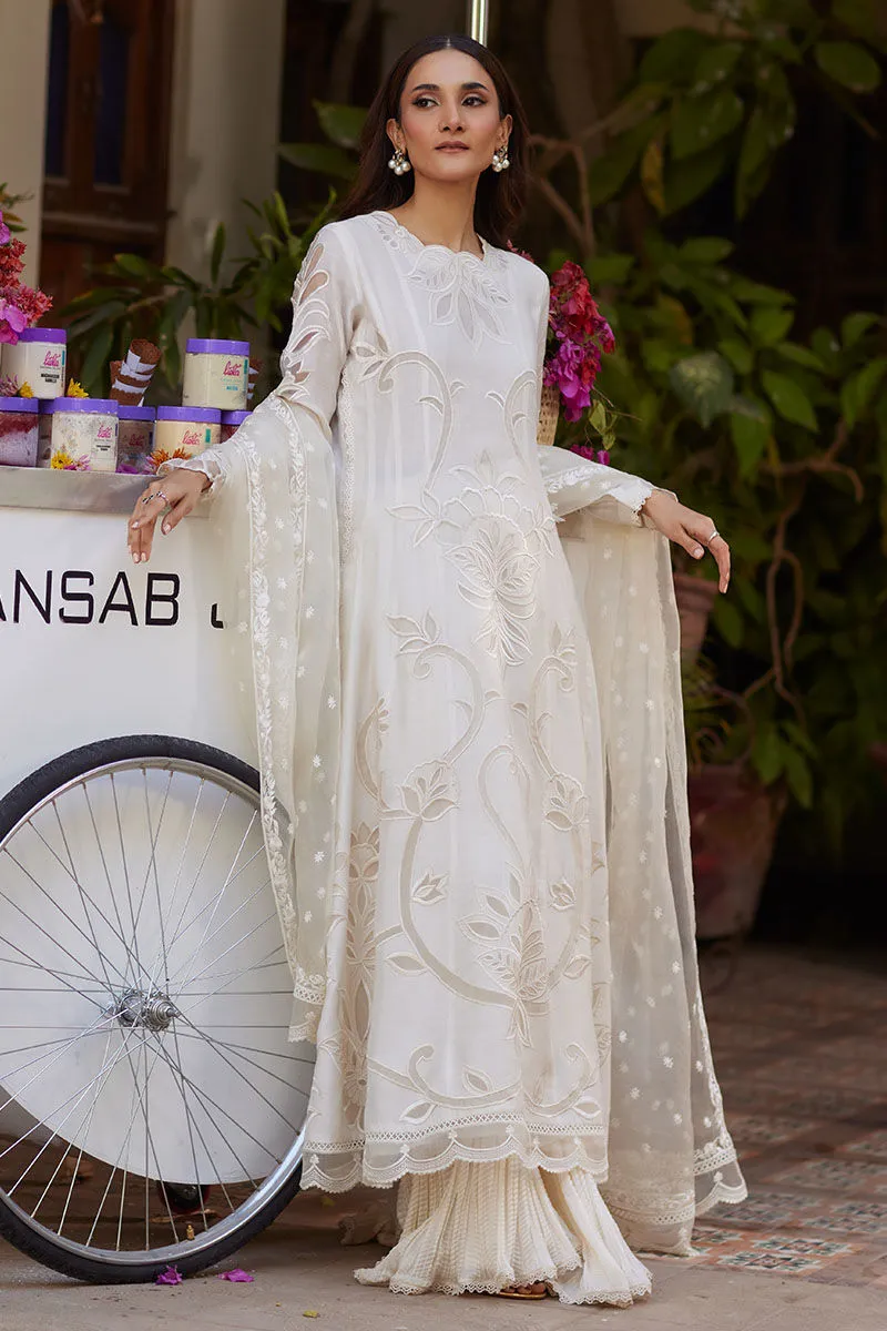 White Kalidaar outfit with embroidered organza dupatta