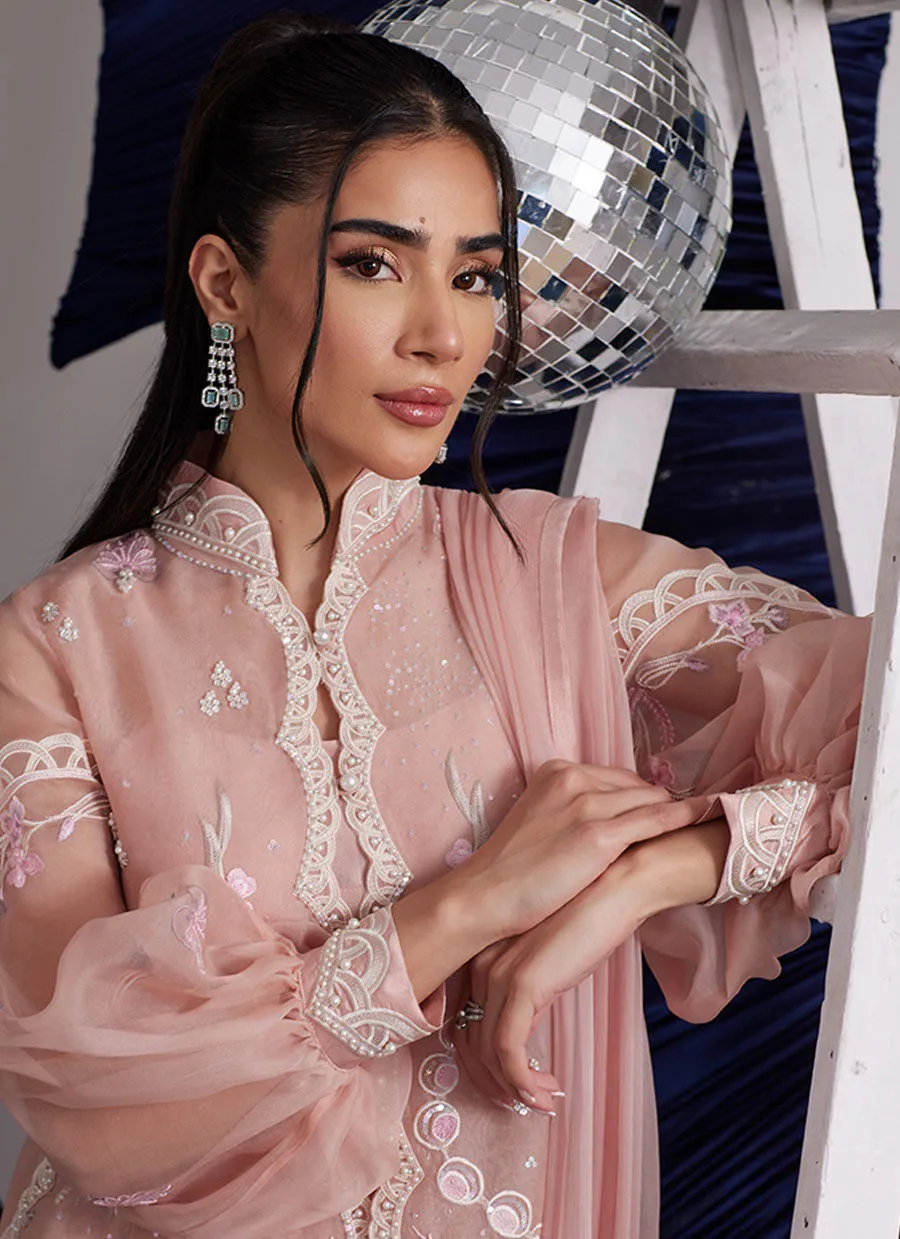 Timeless elegance in peachy pink organza with floral embroidery and scalloped details