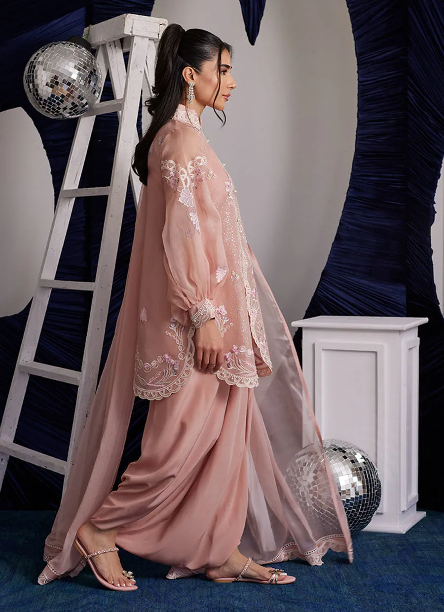 Timeless elegance in peachy pink organza with floral embroidery and scalloped details