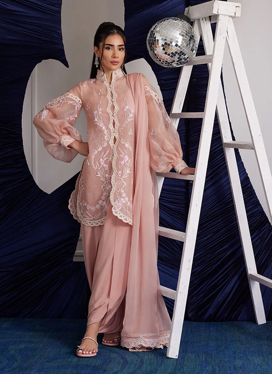 Timeless elegance in peachy pink organza with floral embroidery and scalloped details