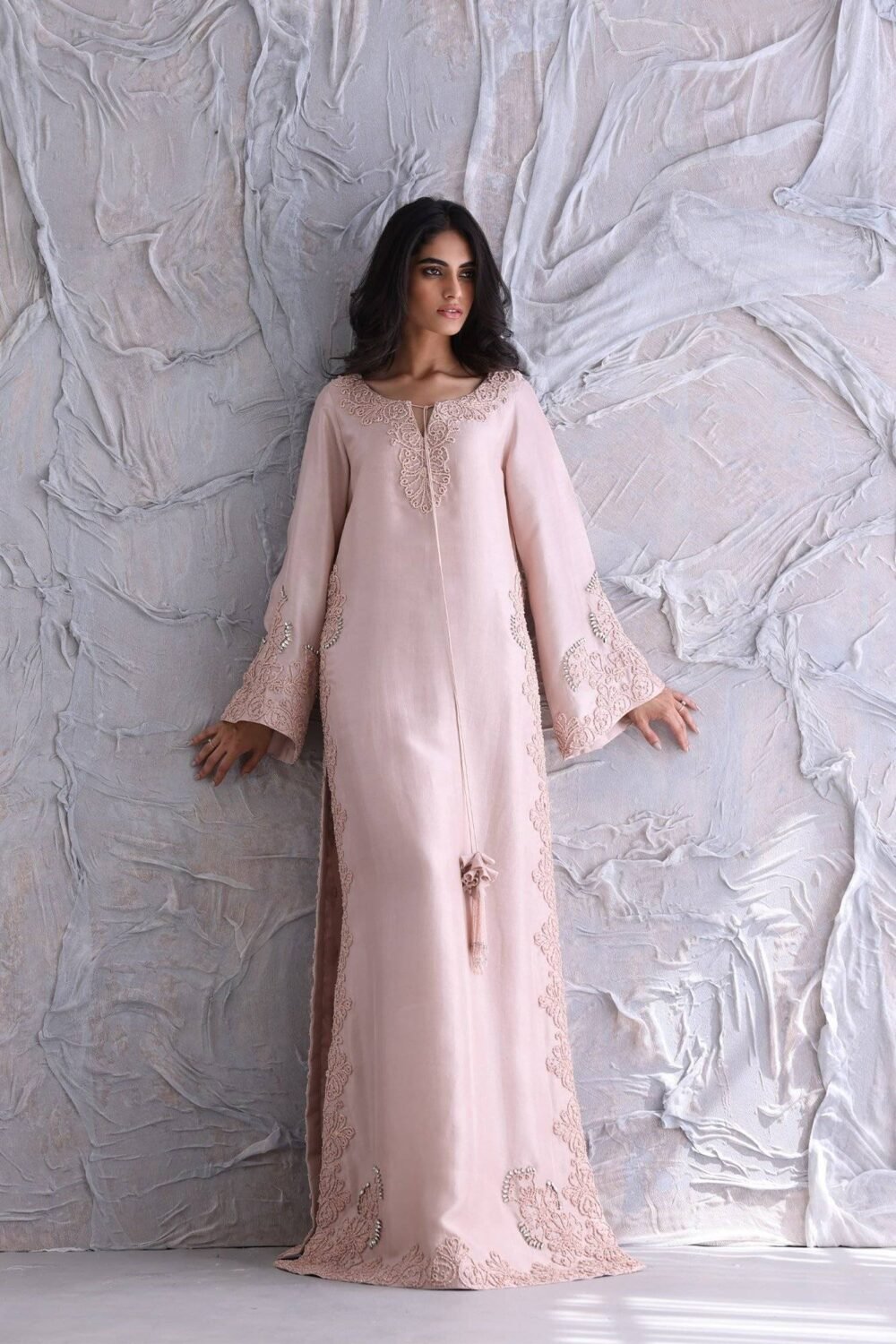 Light Pink Embroidered Maxi Dress – Side view showing embroidery