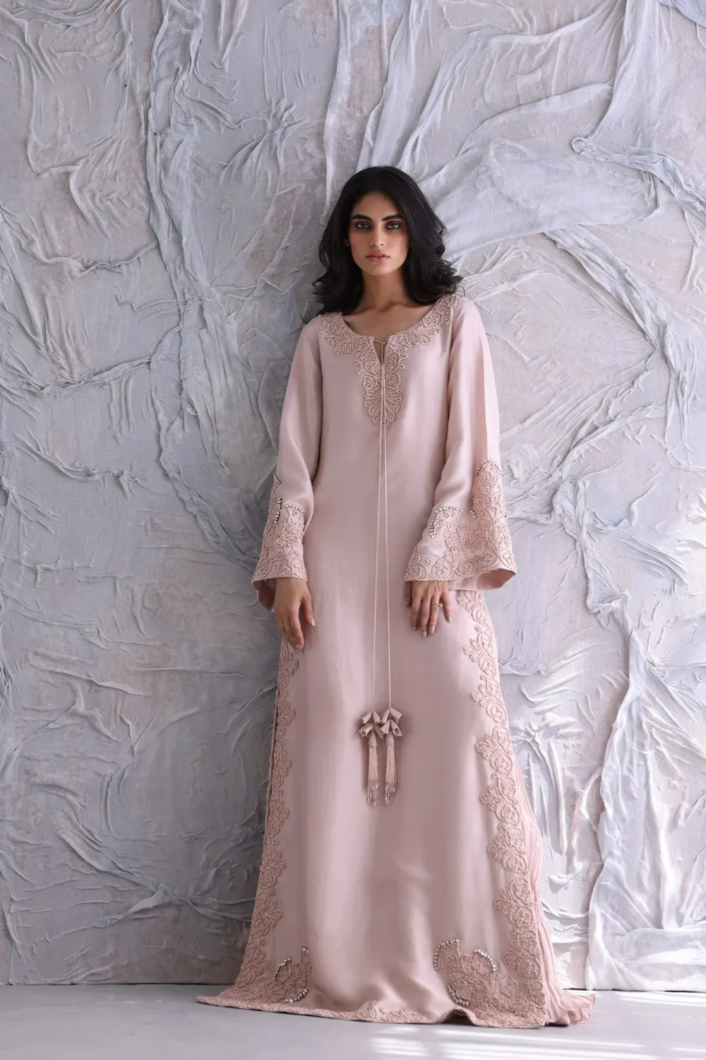 Light Pink Embroidered Maxi Dress – Side view showing embroidery