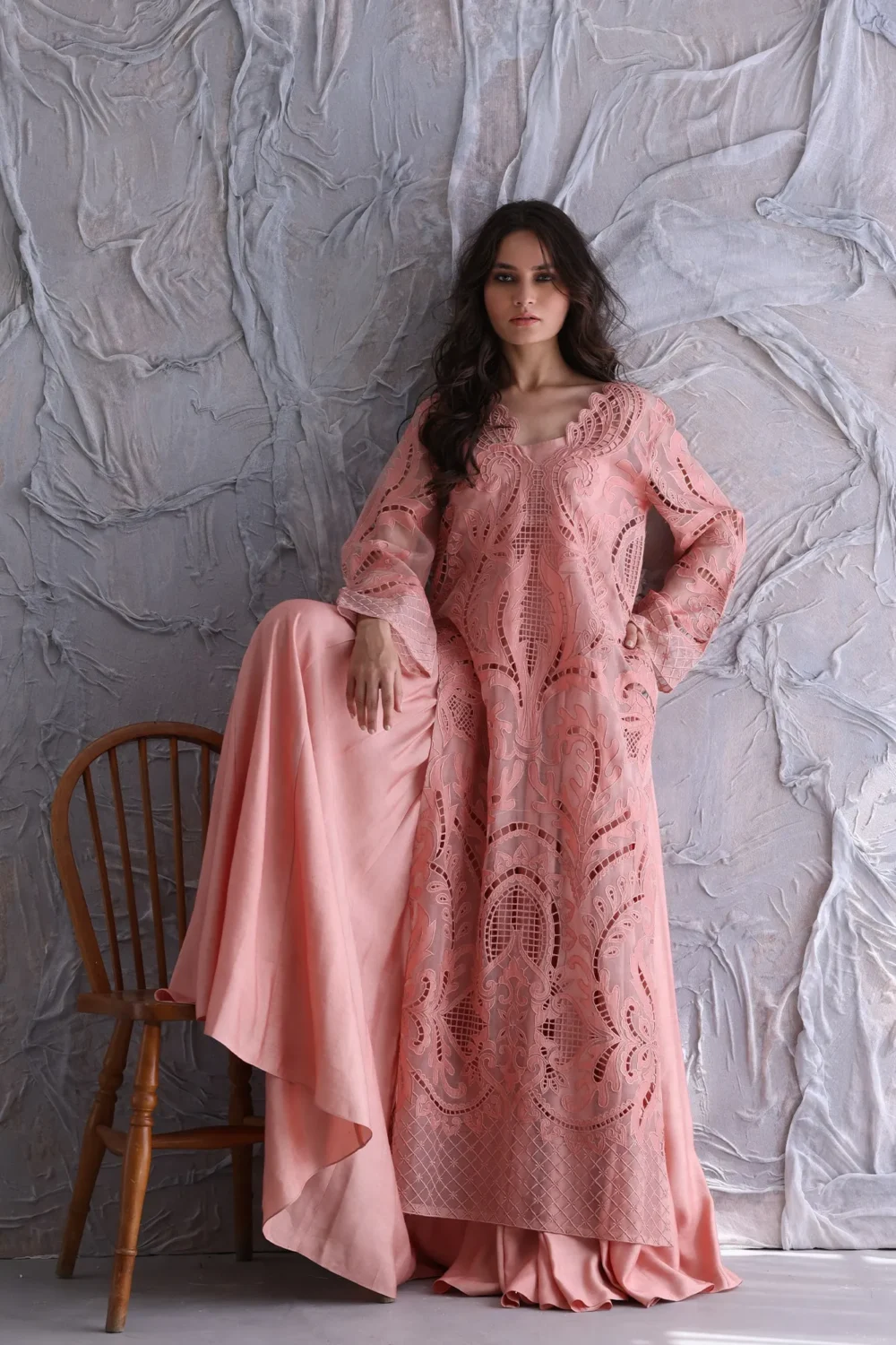 Pink Lace Maxi Dress – Elegant and Ethereal Design, Flattering Silhouette, V-Neckline, Long Flared Sleeves, High-Quality Fabric
