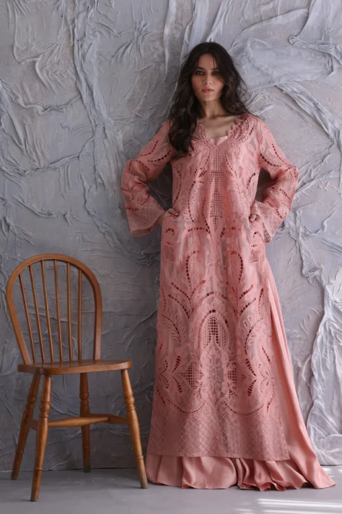 Pink Lace Maxi Dress – Elegant and Ethereal Design, Flattering Silhouette, V-Neckline, Long Flared Sleeves, High-Quality Fabric