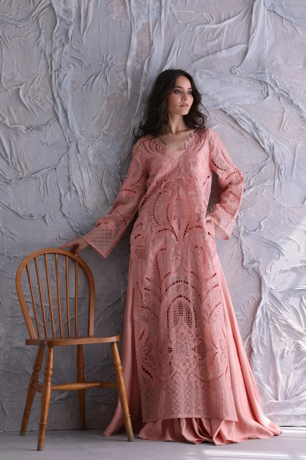 Pink Lace Maxi Dress – Elegant and Ethereal Design, Flattering Silhouette, V-Neckline, Long Flared Sleeves, High-Quality Fabric