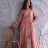 Pink Lace Maxi Dress – Elegant and Ethereal Design, Flattering Silhouette, V-Neckline, Long Flared Sleeves, High-Quality Fabric
