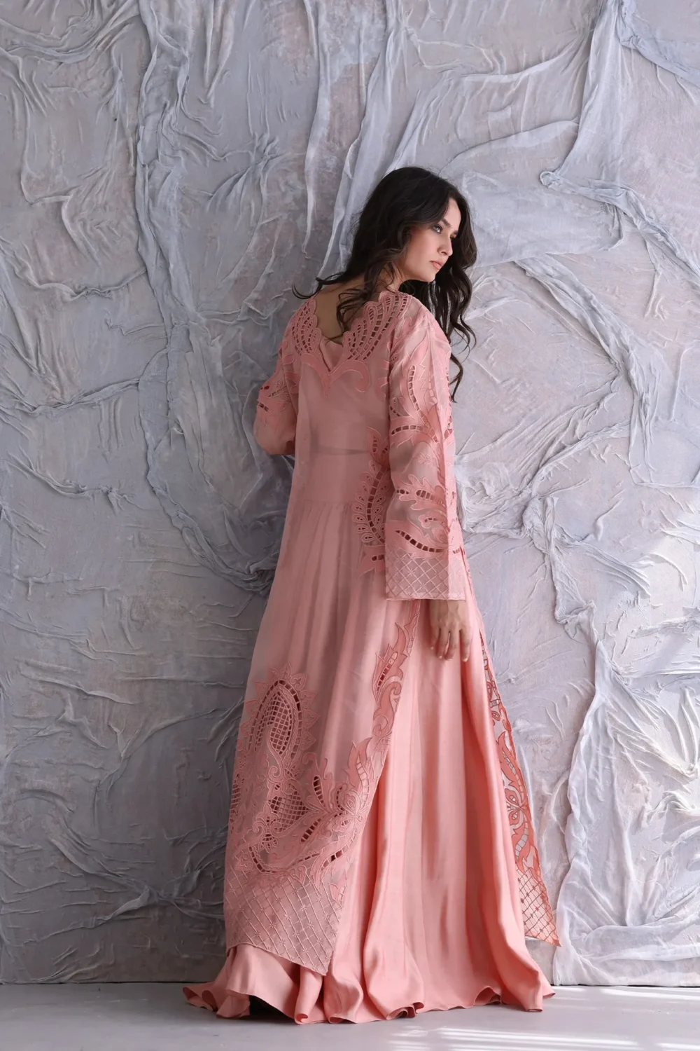 Pink Lace Maxi Dress – Elegant and Ethereal Design, Flattering Silhouette, V-Neckline, Long Flared Sleeves, High-Quality Fabric
