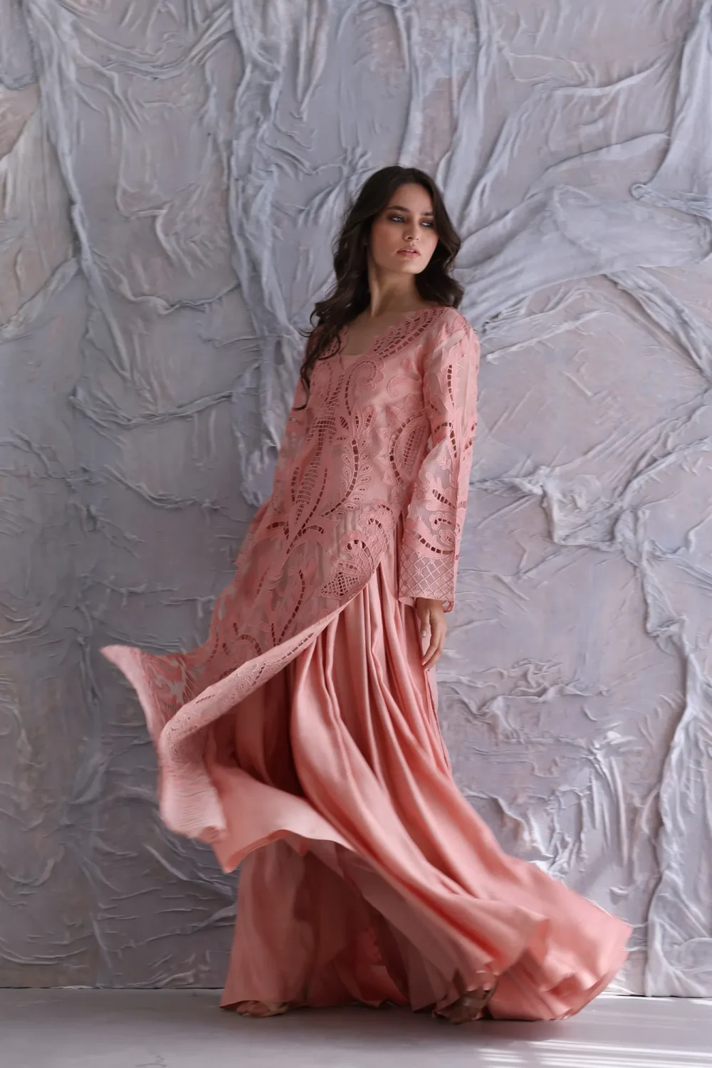 Pink Lace Maxi Dress – Elegant and Ethereal Design, Flattering Silhouette, V-Neckline, Long Flared Sleeves, High-Quality Fabric