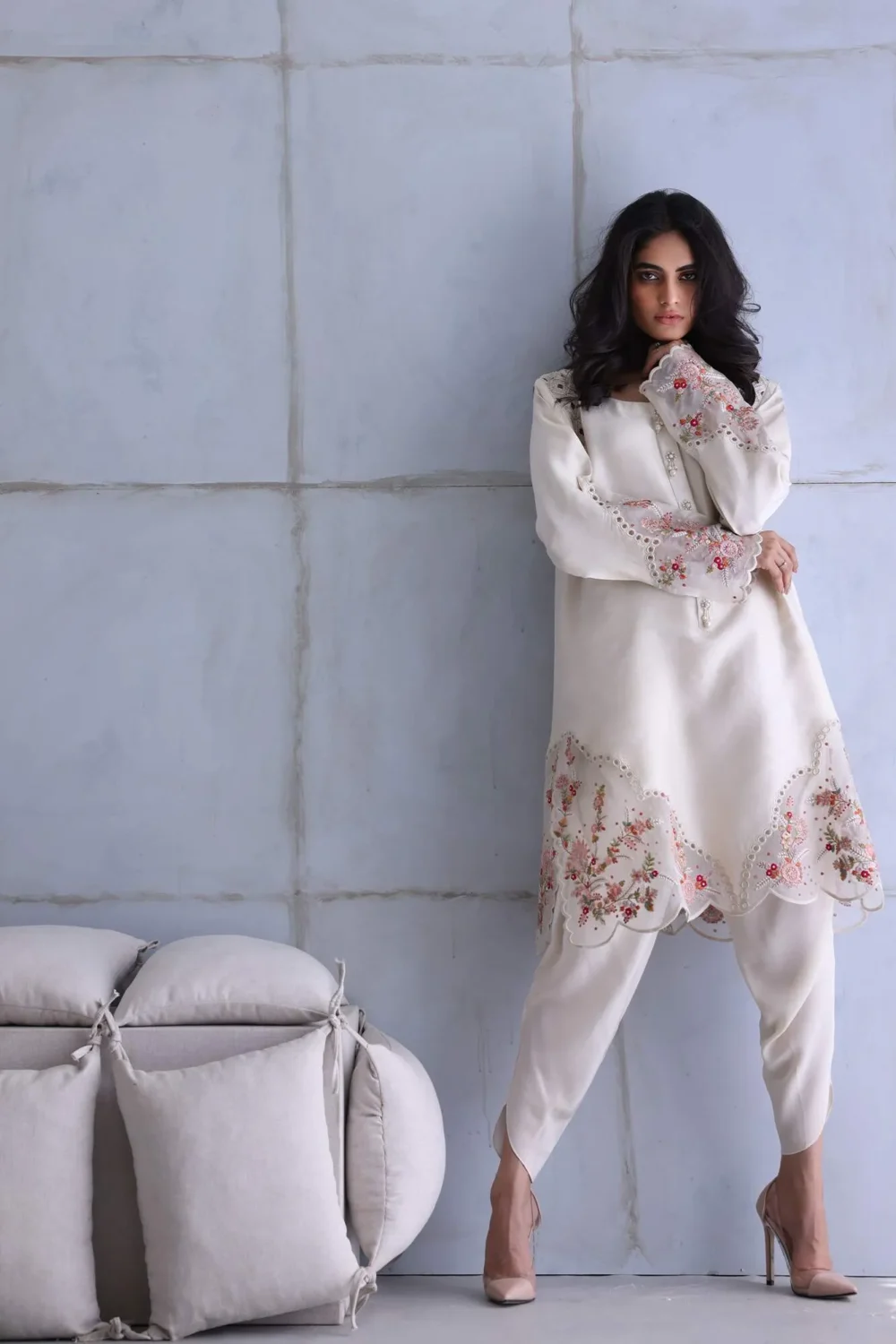 Floral Ivory Embroidered Dress featuring intricate embroidery, luxurious fabric, and modern cut-out neckline.