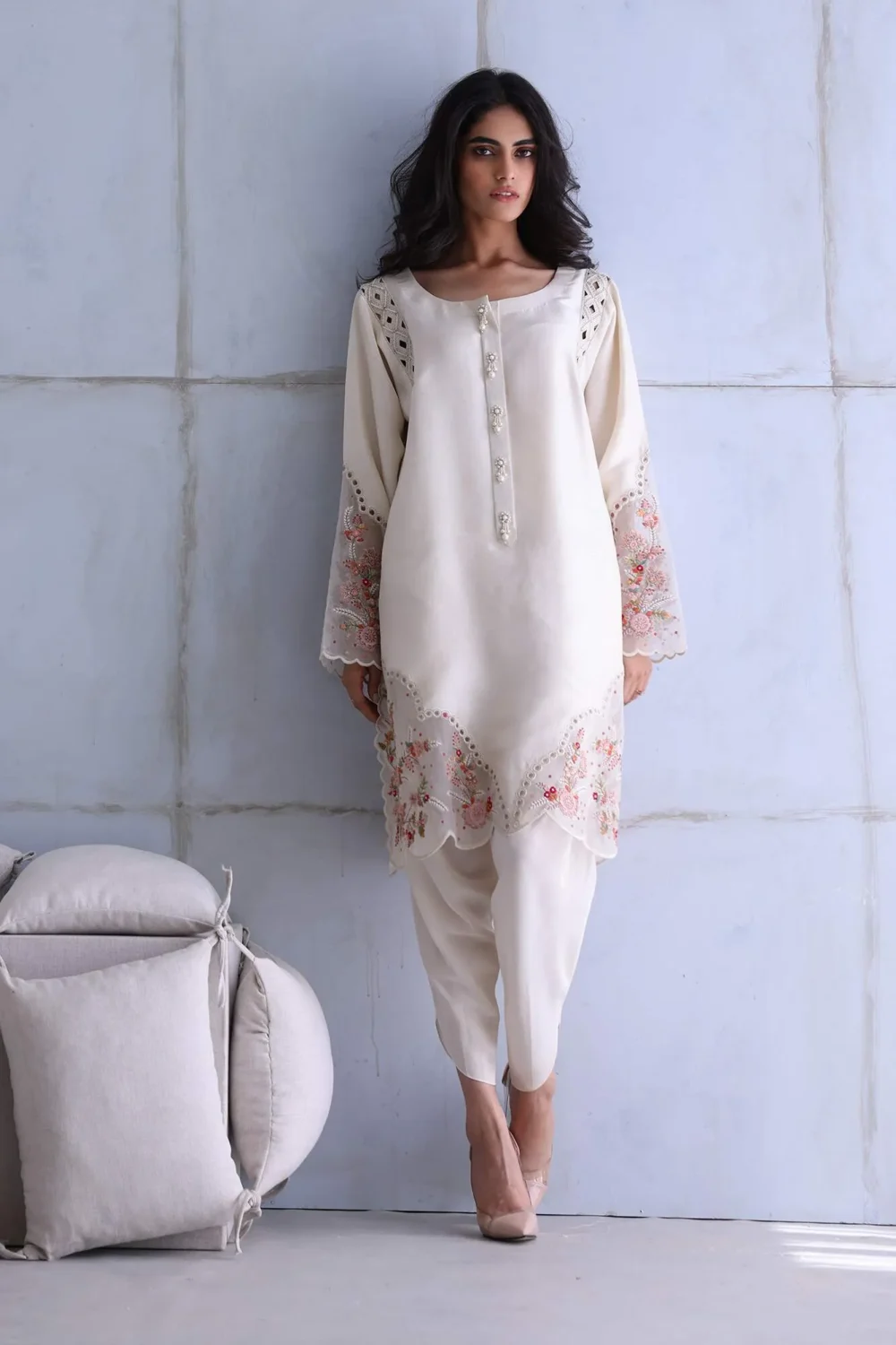 Floral Ivory Embroidered Dress featuring intricate embroidery, luxurious fabric, and modern cut-out neckline.