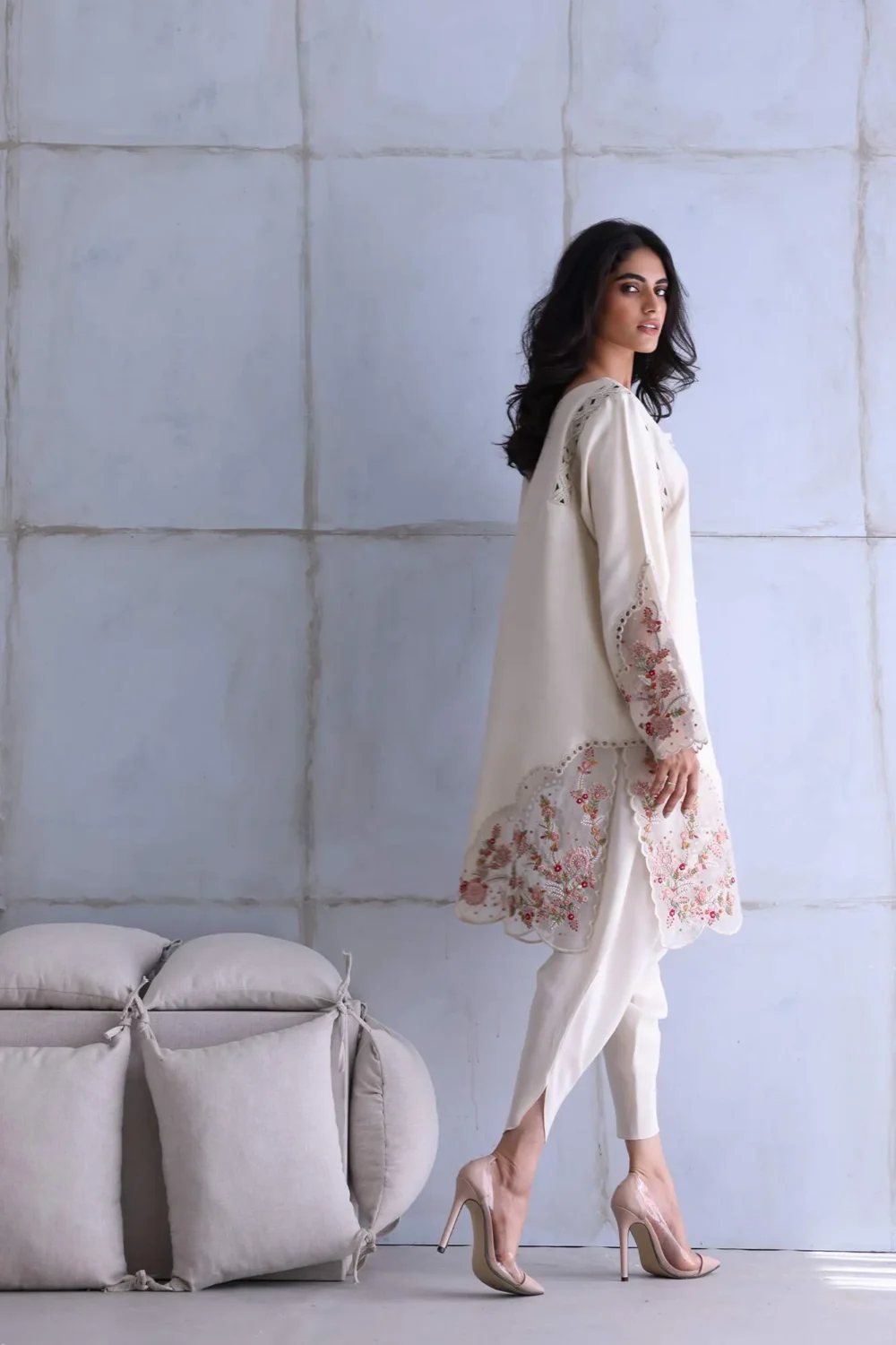 Floral Ivory Embroidered Dress featuring intricate embroidery, luxurious fabric, and modern cut-out neckline.